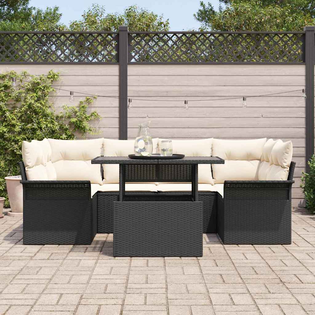 Set Divano da Giardino con cuscino 7 pcs Nero Poly Rattan | homemem39