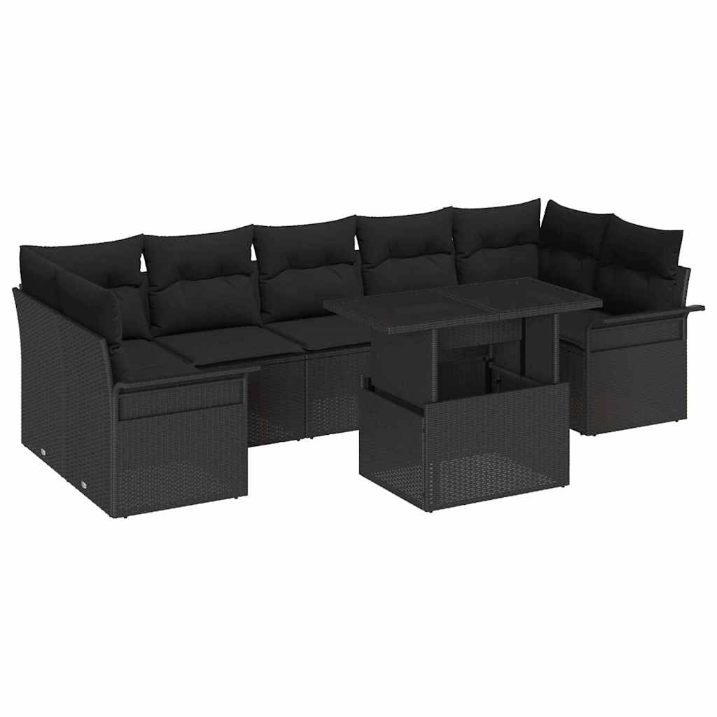 Set Divano da Giardino con cuscino 8 pcs Nero Poly Rattan