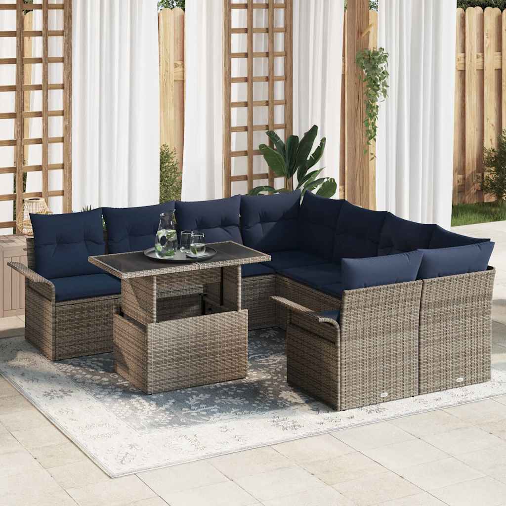 Set Divano da Giardino 9 pcs Grigio Rattan in Polipropilene | homemem39