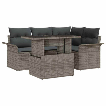 Set Divano da Giardino con cuscino 5 pcs Grigio Poly Rattan
