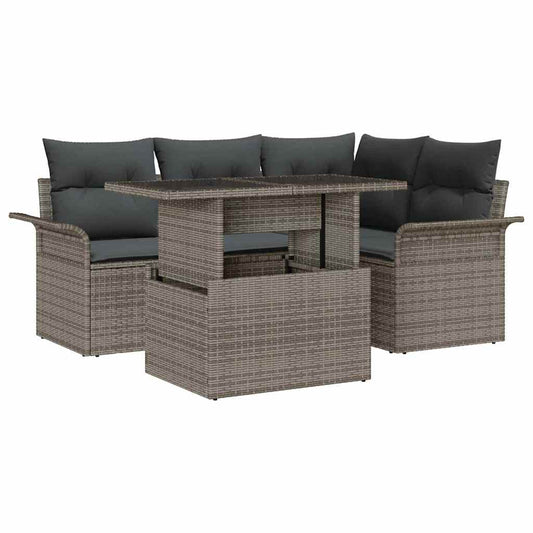 Set Divano da Giardino con cuscino 5 pcs Grigio Poly Rattan
