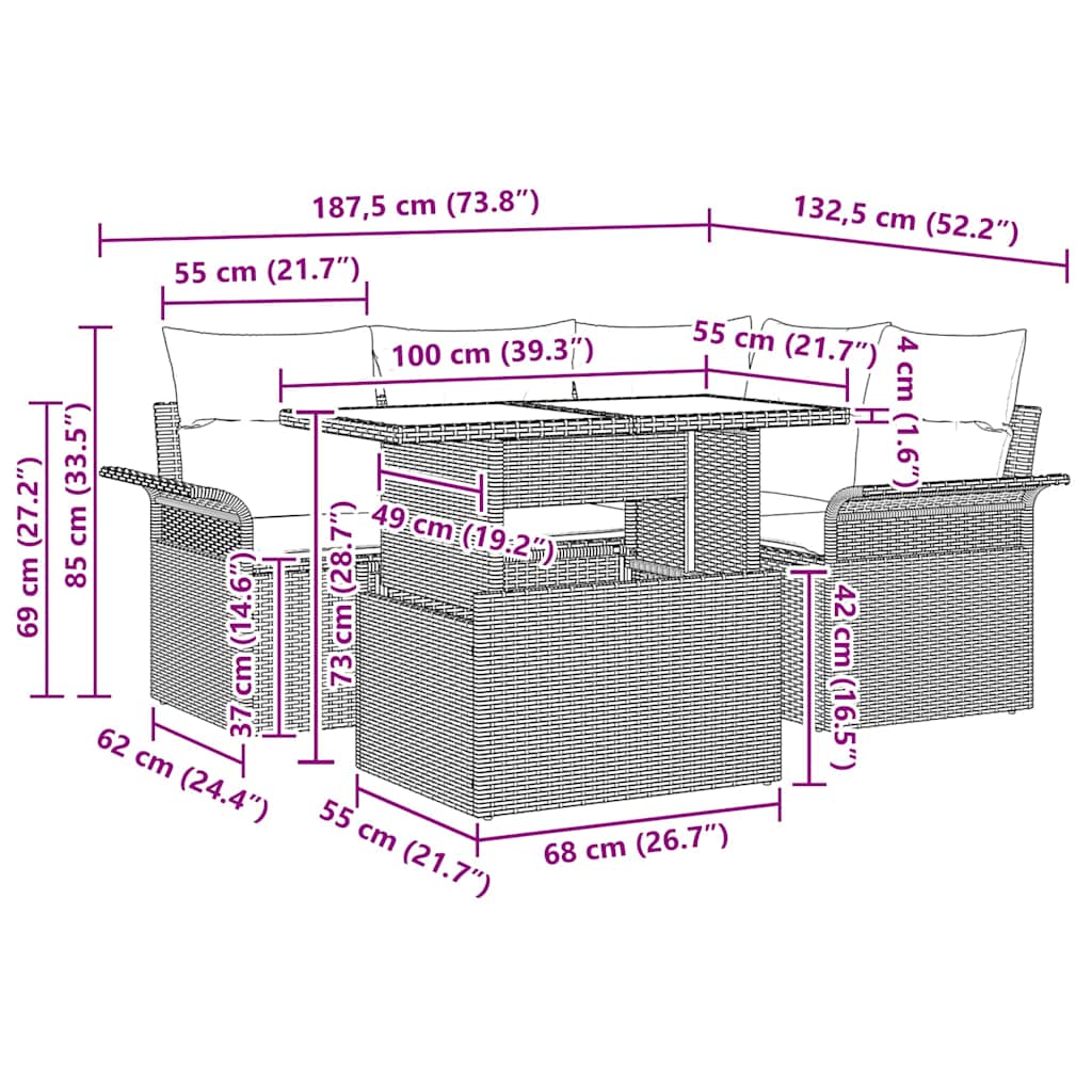 Set Divano da Giardino con cuscino 5 pcs Grigio Poly Rattan