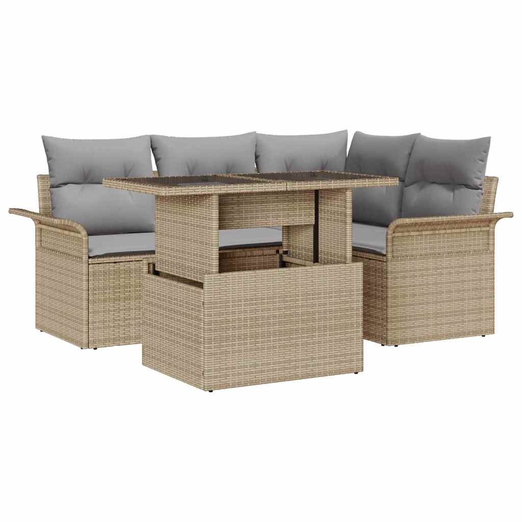 Set Divano da Giardino con cuscino 5 pcs Beige Poly Rattan | homemem39