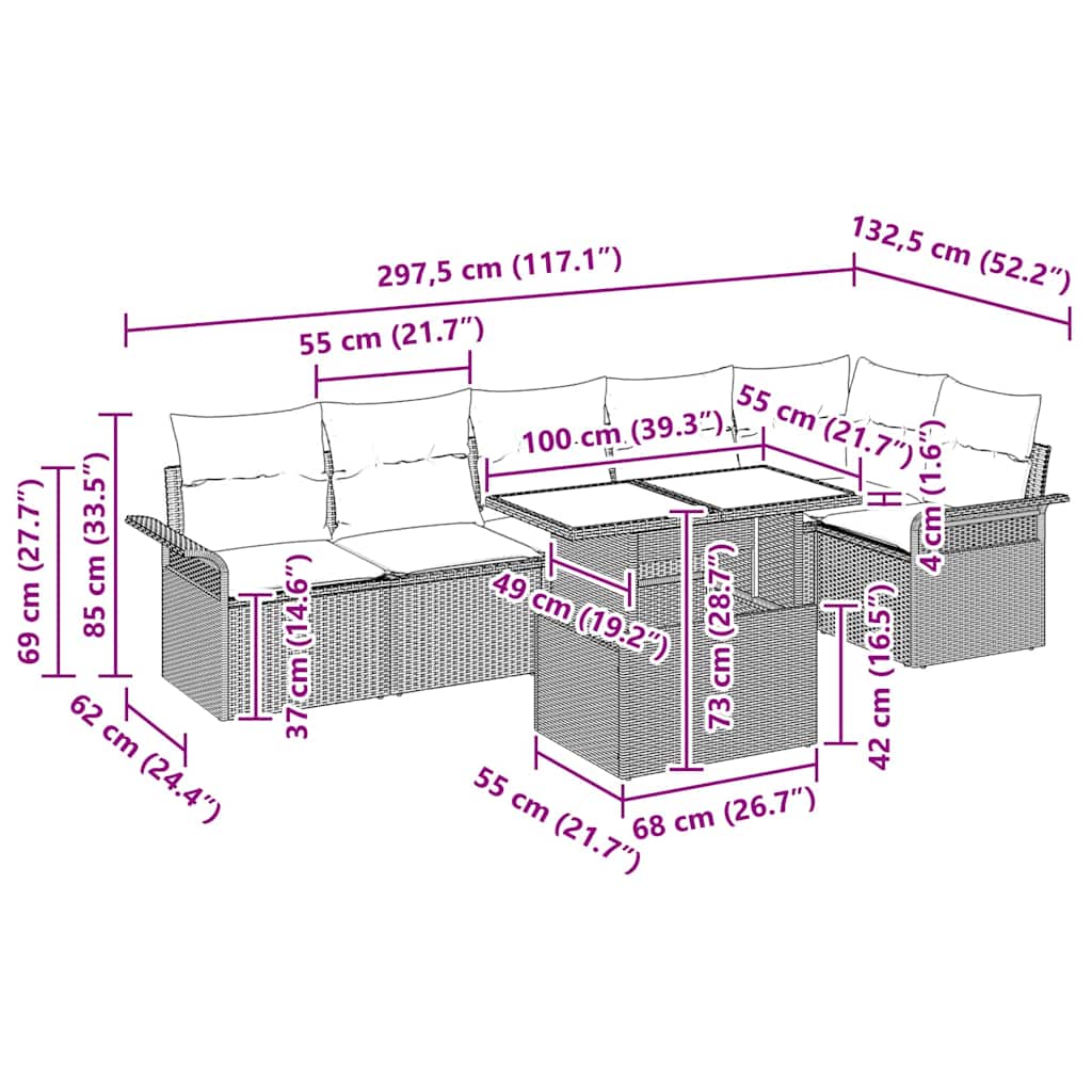 Set Divano da Giardino con cuscino 7 pcs Nero Poly Rattan