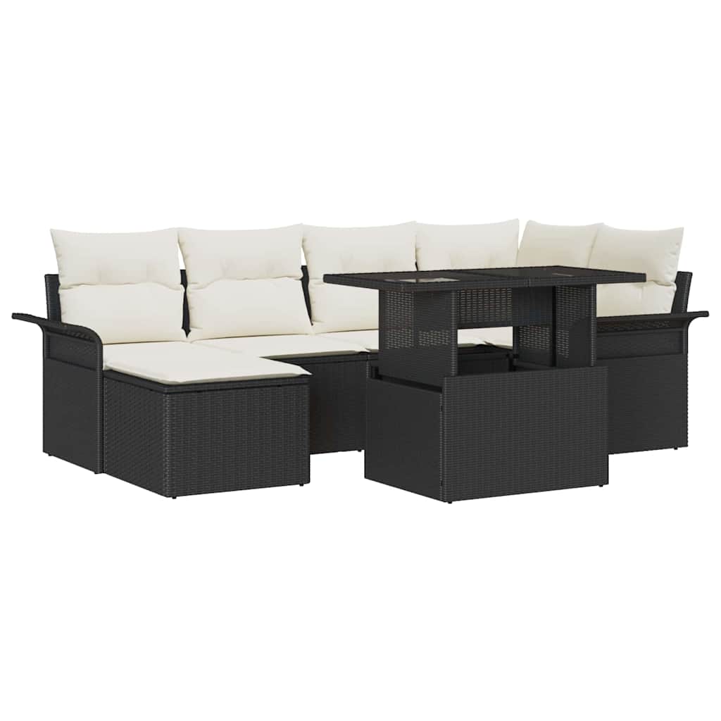 Set Divano da Giardino con cuscino 7 pcs Nero Poly Rattan | homemem39