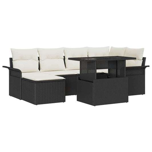 Set Divano da Giardino con cuscino 7 pcs Nero Poly Rattan