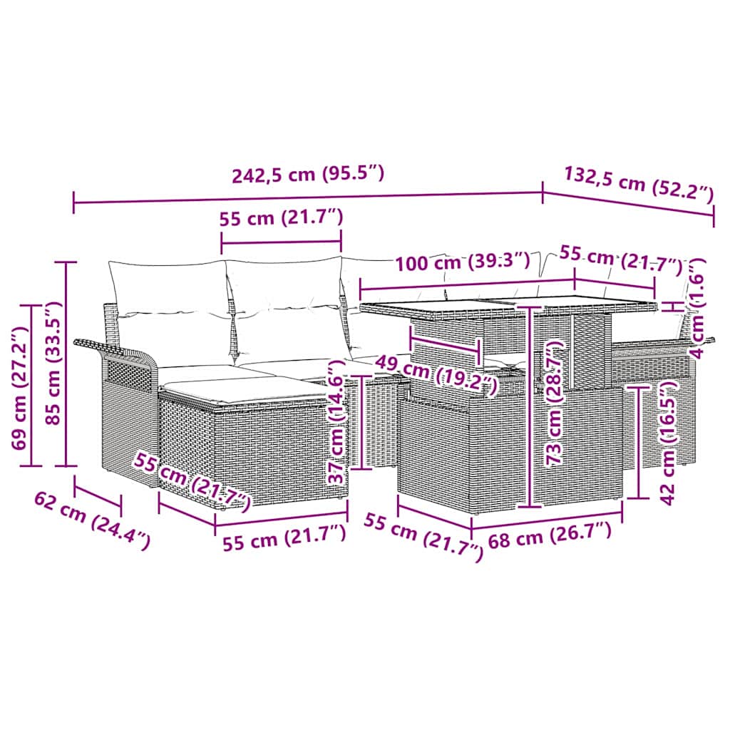 Set Divano da Giardino con cuscino 7 pcs Marrone Poly Rattan | homemem39