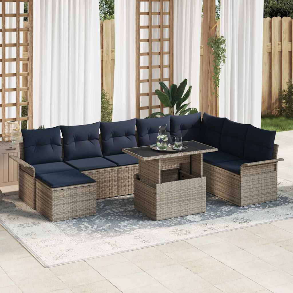 Set Divano da Giardino 9 pcs Grigio Rattan in Polipropilene | homemem39