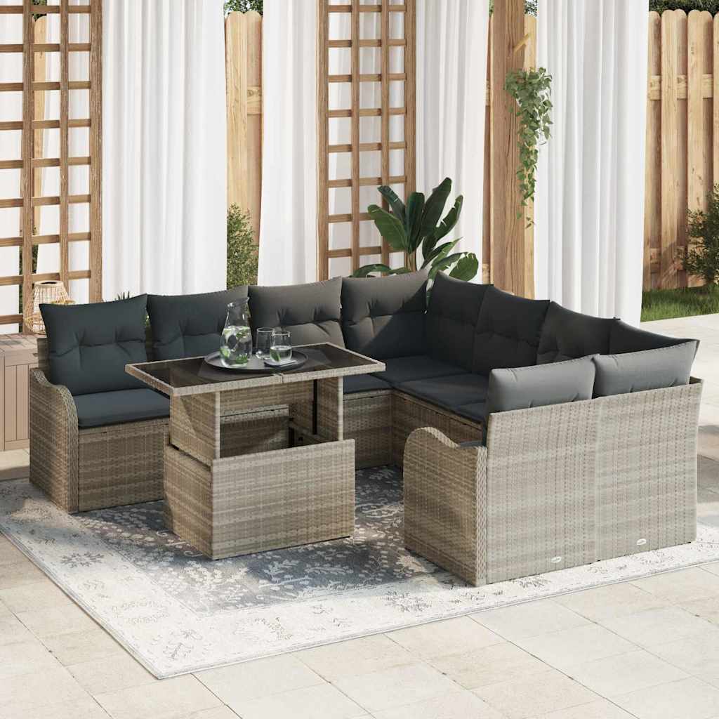 Set Divano da Giardino 9 pcs Grigio chiaro Polyrattan