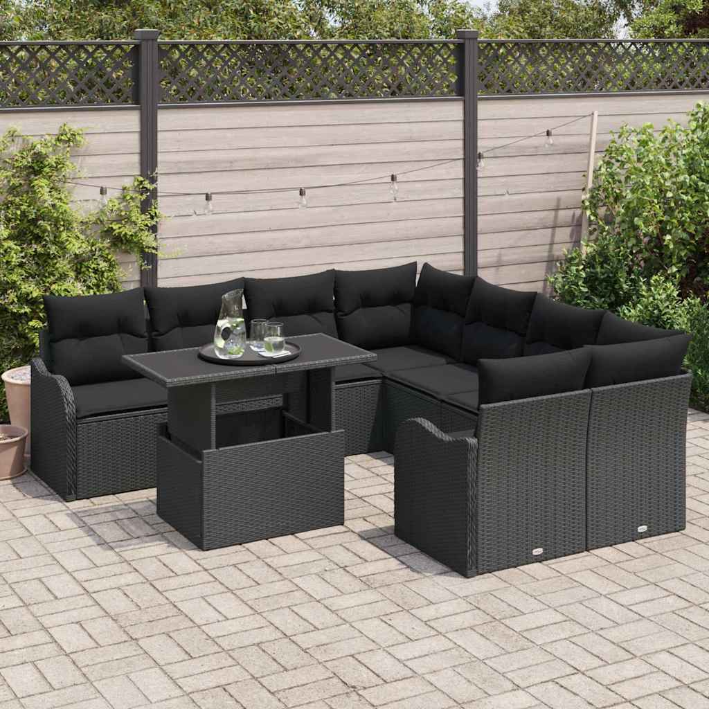 Set Divano da Giardino con cuscino 9 pcs Nero Polyrattan | homemem39