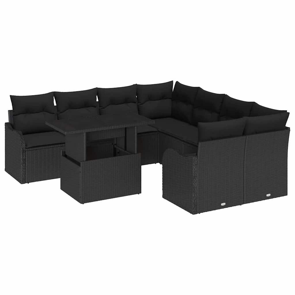 Set Divano da Giardino con cuscino 9 pcs Nero Polyrattan | homemem39