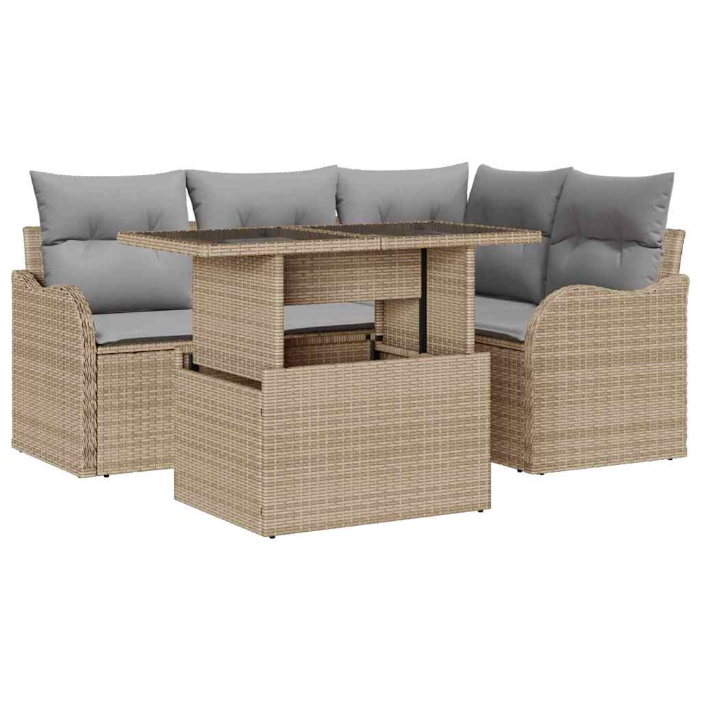 Set Divano da Giardino 5 pcs Beige Rattan in Polipropilene | homemem39