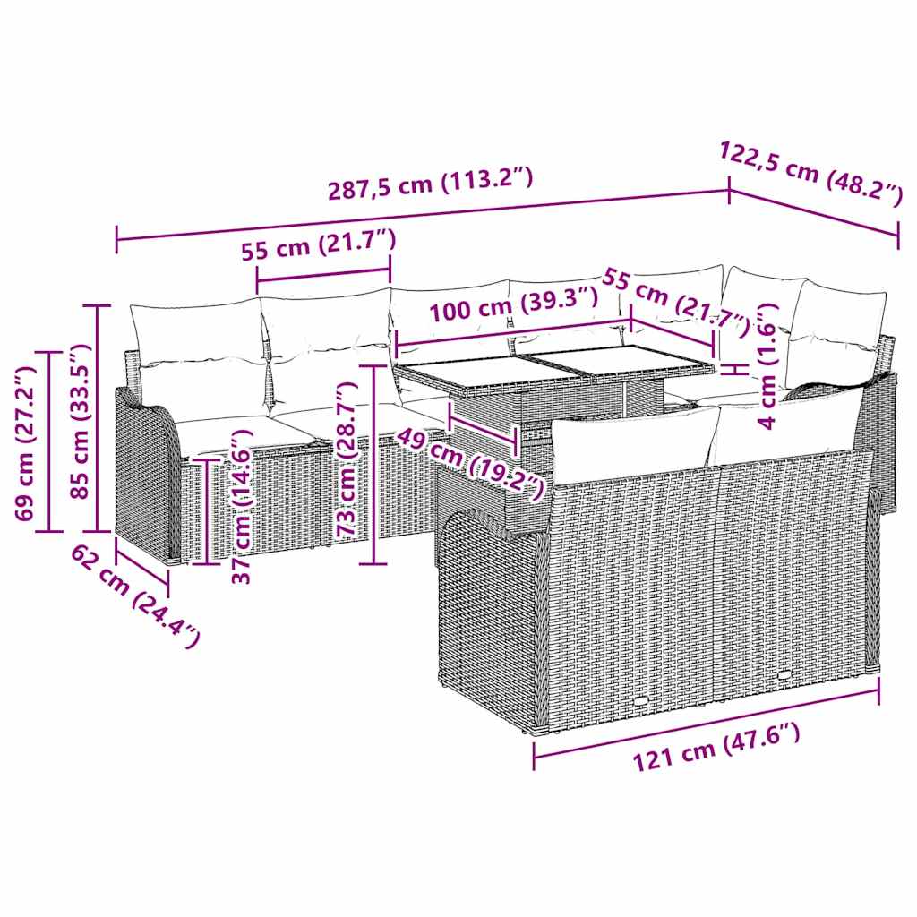 Set Divano da Giardino 9 pcs Grigio Rattan in Polipropilene