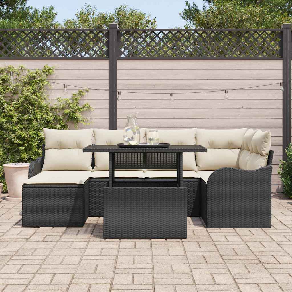 Set Divano da Giardino con cuscino 7 pcs Nero Poly Rattan | homemem39
