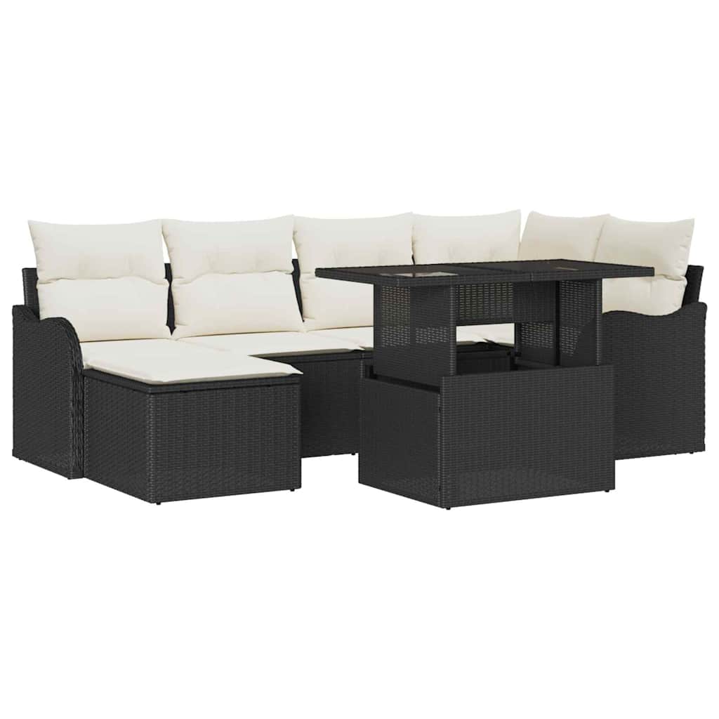 Set Divano da Giardino con cuscino 7 pcs Nero Poly Rattan | homemem39