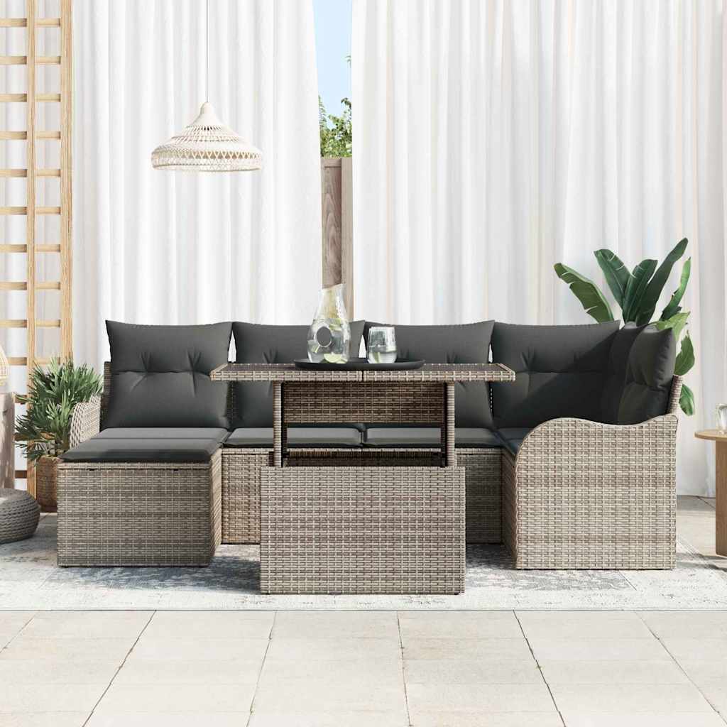 Set Divano da Giardino con cuscino 7 pcs Grigio Poly Rattan