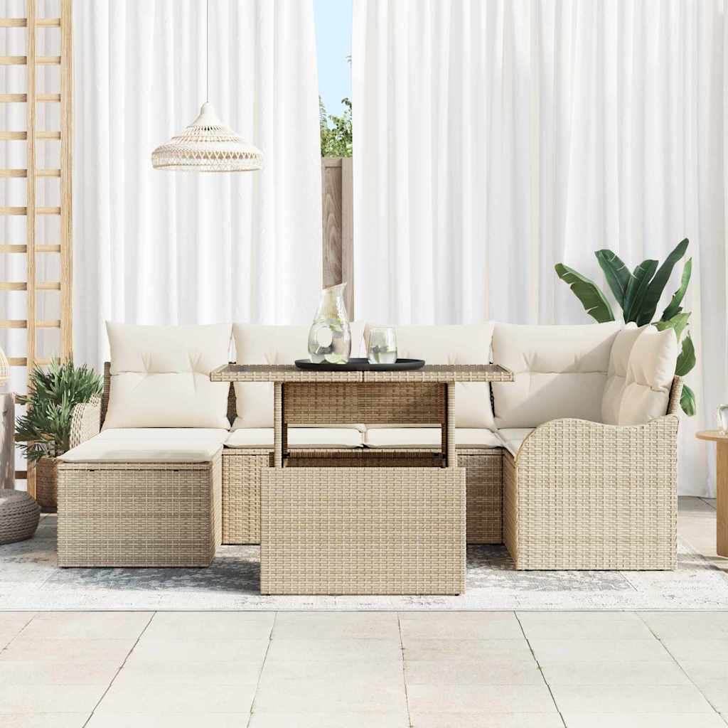 Set Divano da Giardino con cuscino 7 pcs Beige Poly Rattan