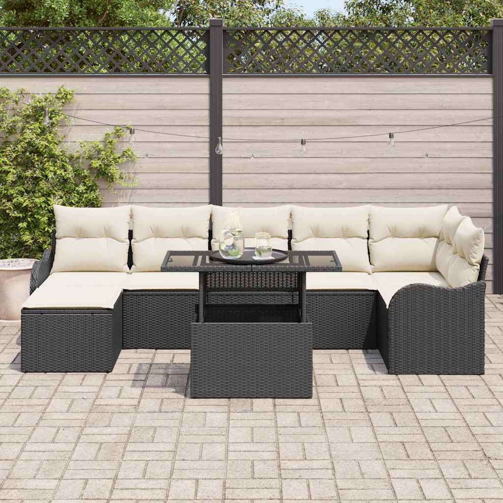 Set Divano da Giardino con cuscino 8 pcs Nero Poly Rattan | homemem39