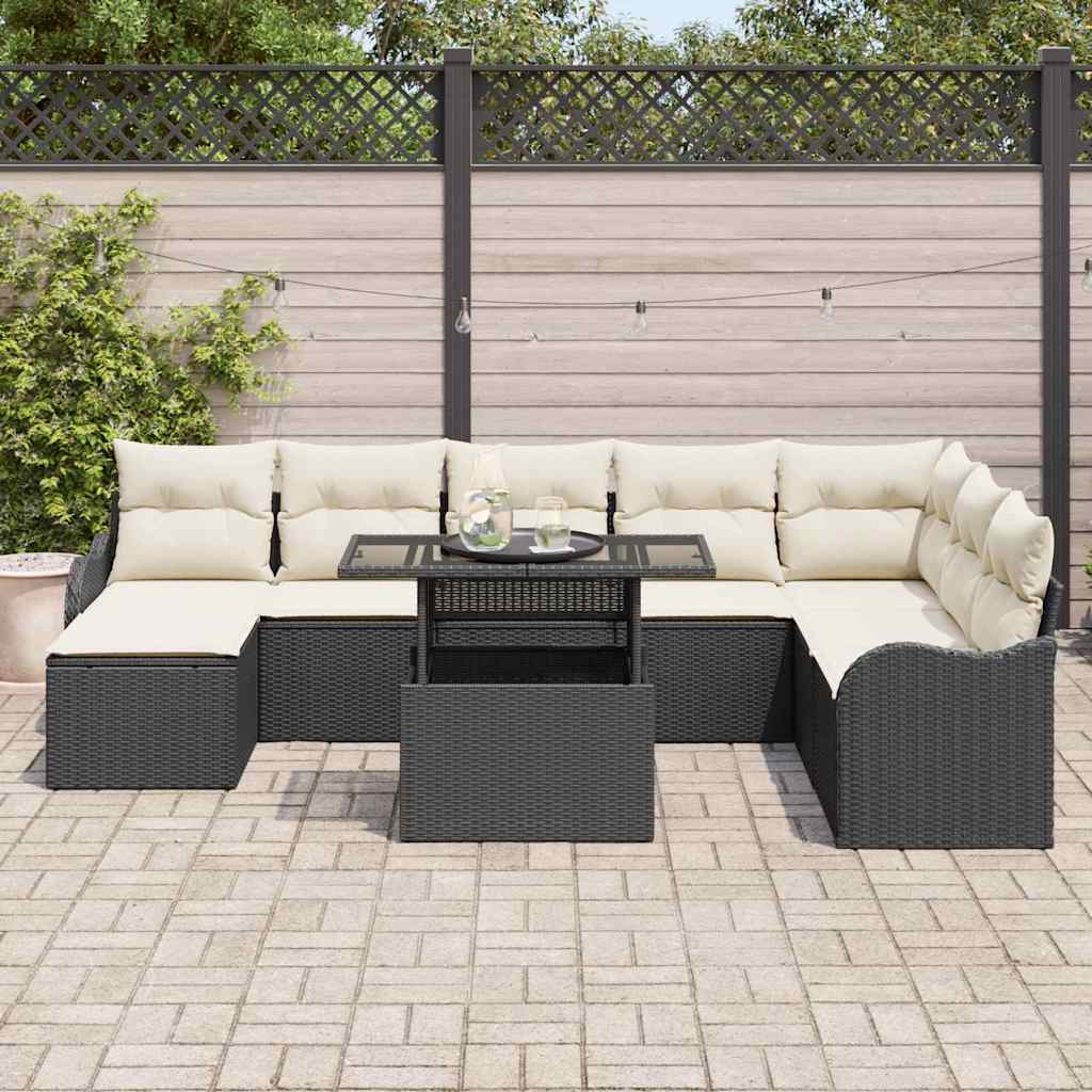Set Divano da Giardino con cuscino 9 pcs Nero Poly Rattan | homemem39