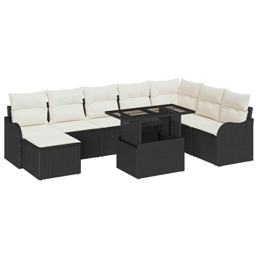 Set Divano da Giardino con cuscino 9 pcs Nero Poly Rattan | homemem39
