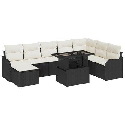 Set Divano da Giardino con cuscino 9 pcs Nero Poly Rattan | homemem39