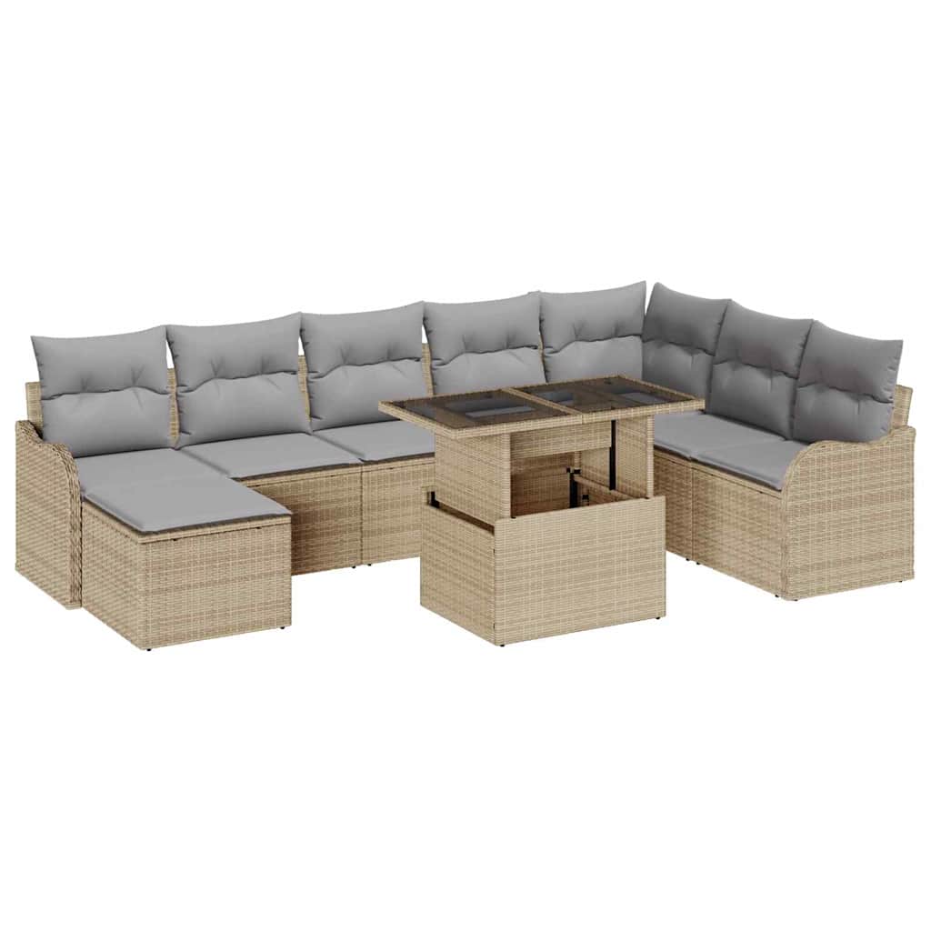 Set Divano da Giardino con cuscino 9 pcs Beige Poly Rattan