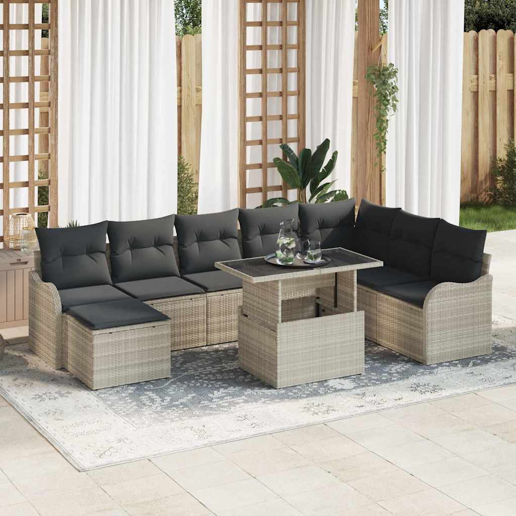 Set Divano da Giardino 9 pcs Grigio chiaro Poly Rattan | homemem39
