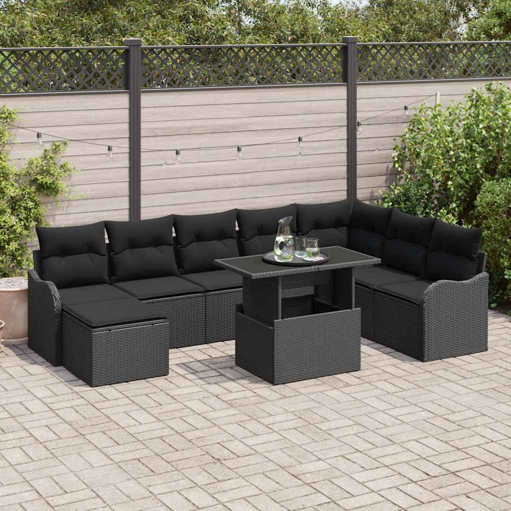 Set Divano da Giardino con cuscino 9 pcs Nero Poly Rattan | homemem39