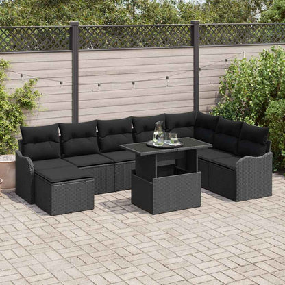 Set Divano da Giardino con cuscino 9 pcs Nero Poly Rattan | homemem39