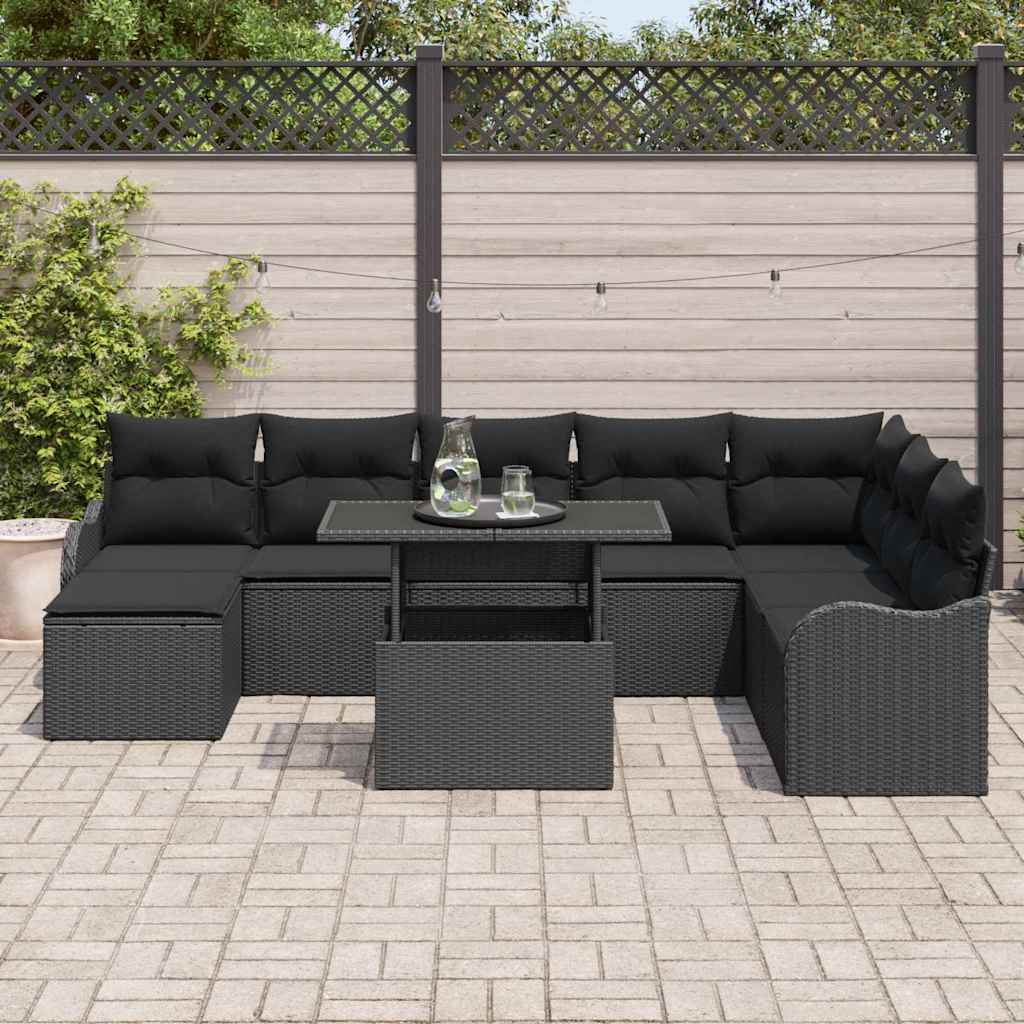 Set Divano da Giardino con cuscino 9 pcs Nero Poly Rattan | homemem39