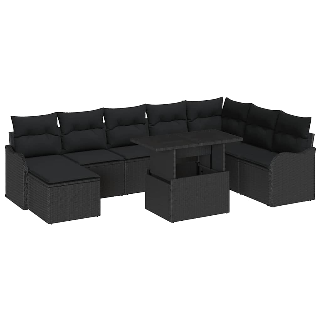 Set Divano da Giardino con cuscino 9 pcs Nero Poly Rattan | homemem39