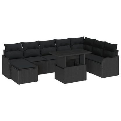 Set Divano da Giardino con cuscino 9 pcs Nero Poly Rattan | homemem39