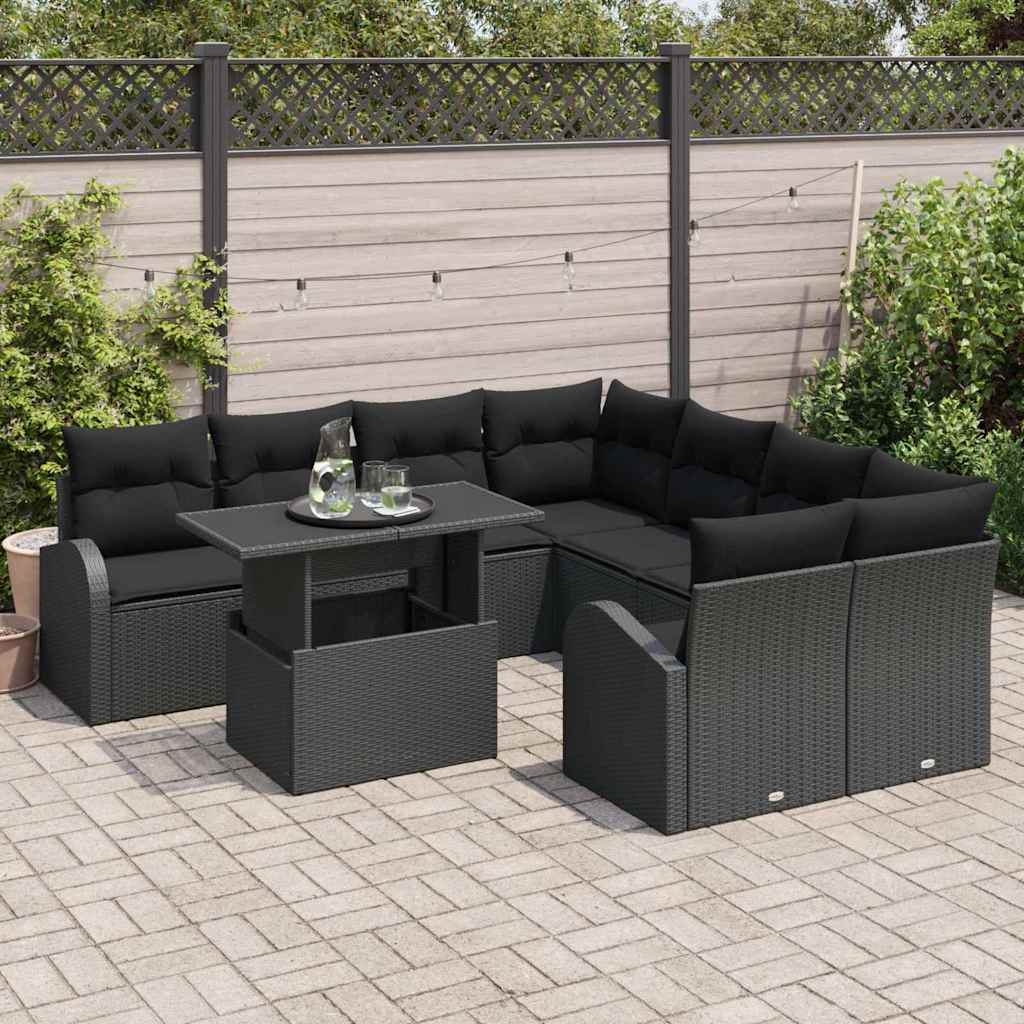 Set Divano da Giardino 9 pcs Nero Rattan in Polipropilene | homemem39