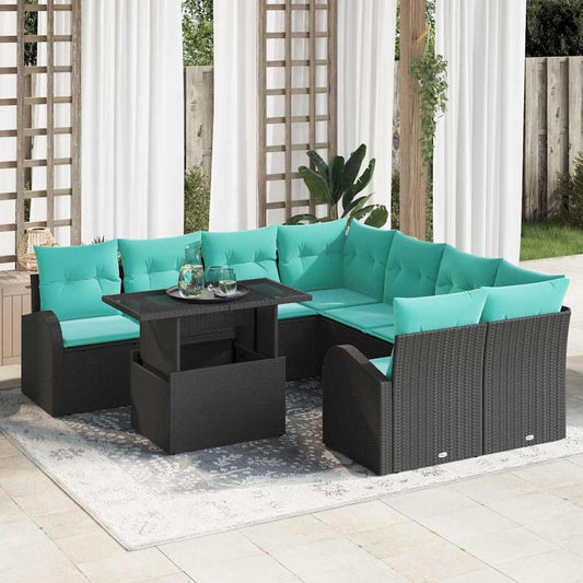 Set Divano da Giardino 9 pcs Nero Rattan in Polipropilene | homemem39