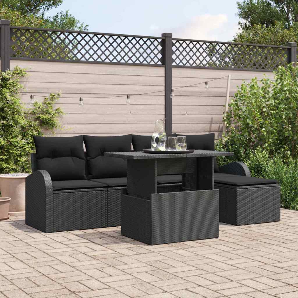 Set Divano da Giardino con cuscino 6 pcs Nero Poly Rattan