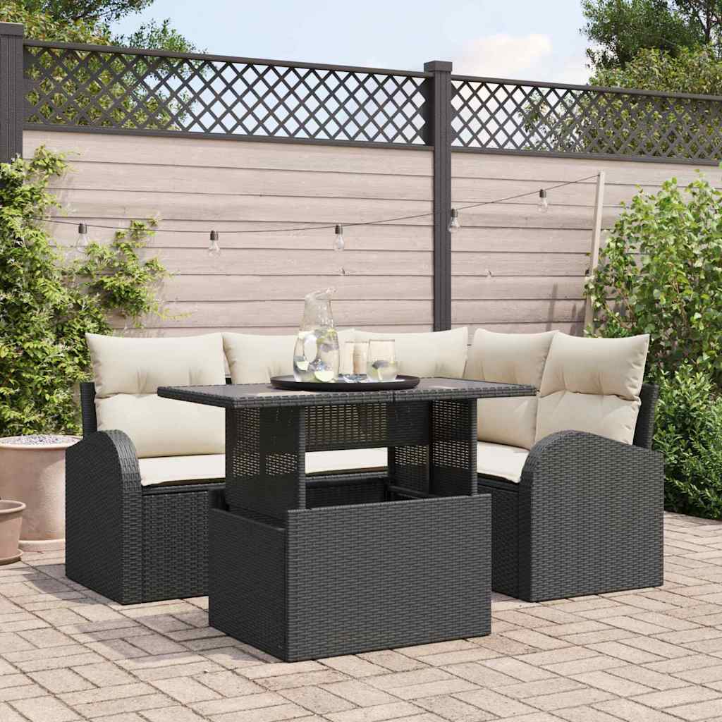 Set Divano da Giardino con cuscino 5 pcs Nero Poly Rattan | homemem39