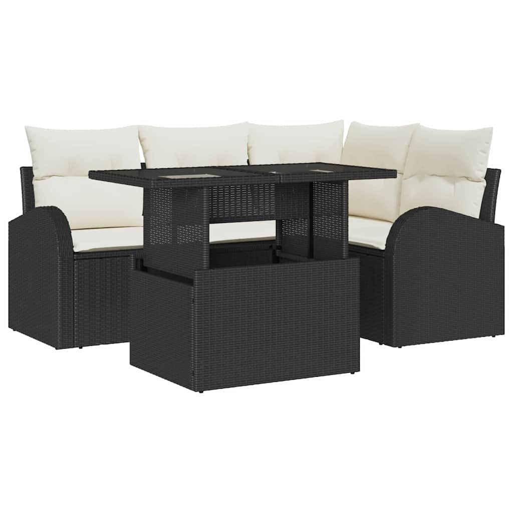 Set Divano da Giardino con cuscino 5 pcs Nero Poly Rattan | homemem39
