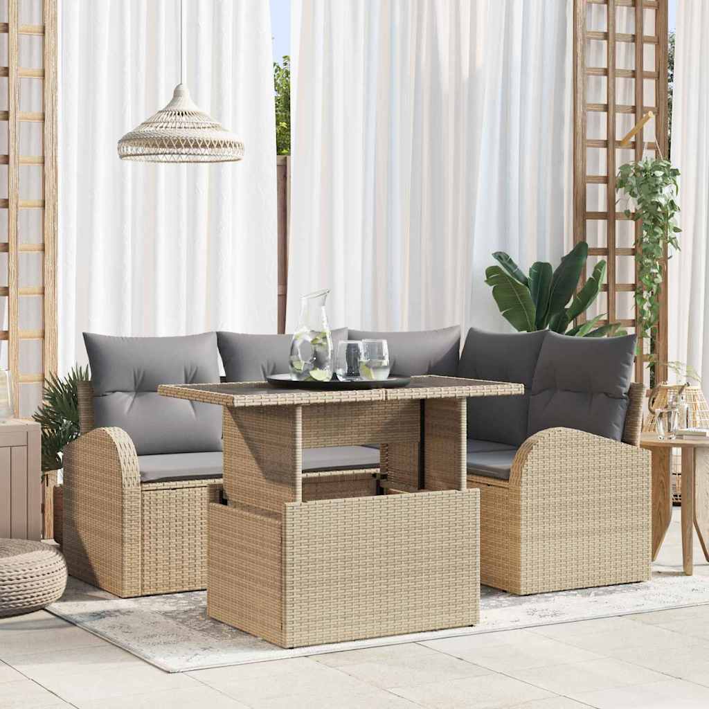 Set Divano da Giardino con cuscino 5 pcs Beige Poly Rattan