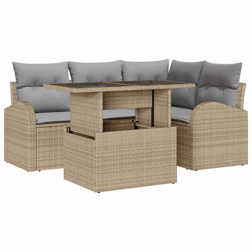 Set Divano da Giardino con cuscino 5 pcs Beige Poly Rattan
