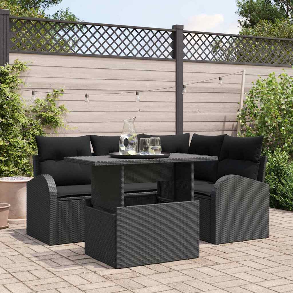 Set Divano da Giardino con cuscino 5 pcs Nero Poly Rattan | homemem39