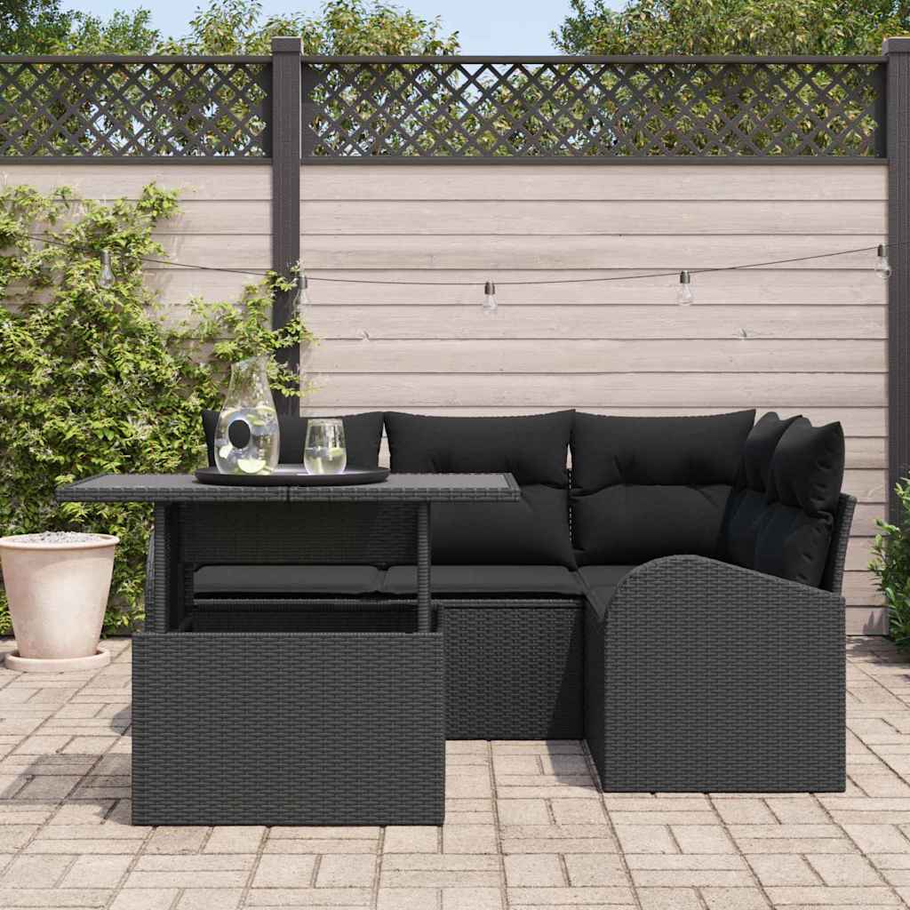 Set Divano da Giardino con cuscino 5 pcs Nero Poly Rattan | homemem39