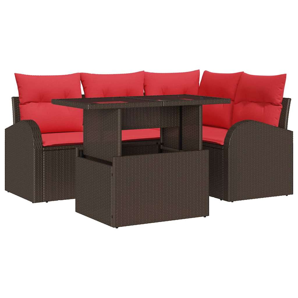Set Divano da Giardino con cuscino 5 pcs Marrone Poly Rattan | homemem39