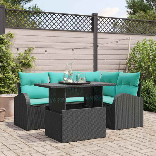 Set Divano da Giardino con cuscino 5 pcs Nero Poly Rattan | homemem39