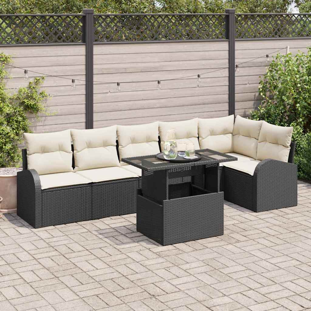 Set Divano da Giardino con cuscino 7 pcs Nero Poly Rattan | homemem39