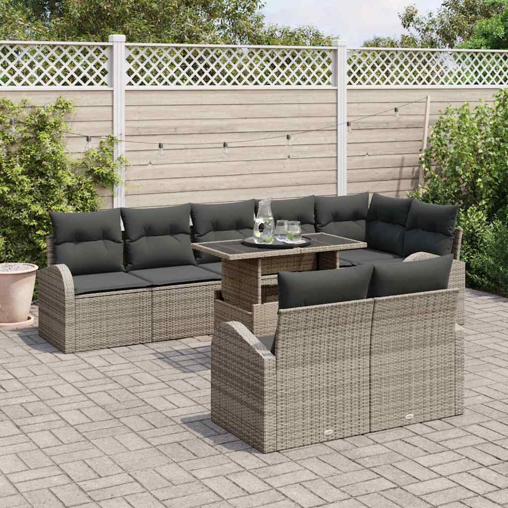 Set Divano da Giardino 9 pcs Grigio Poly Rattan