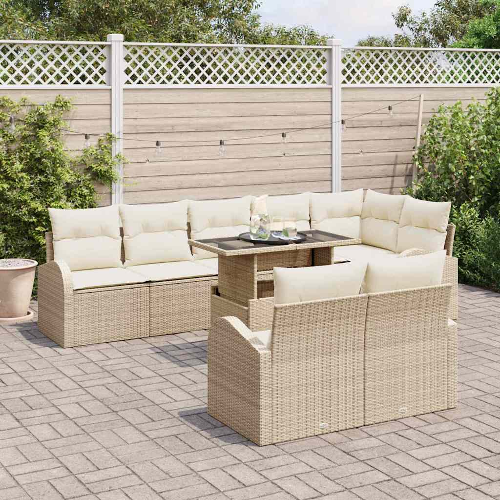 Set Divano da Giardino con cuscino 9 pcs Beige Poly Rattan | homemem39