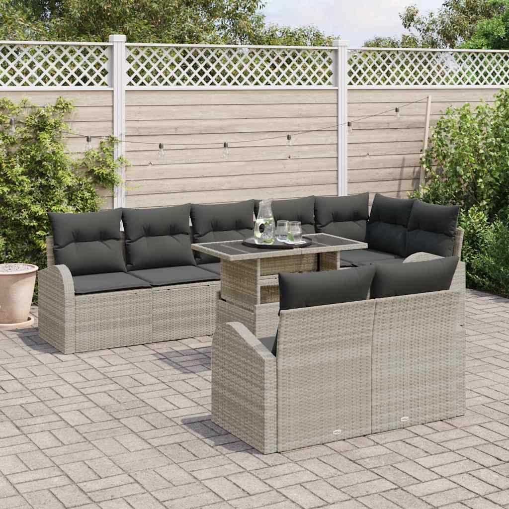 Set Divano da Giardino 9 pcs Grigio chiaro Poly Rattan | homemem39