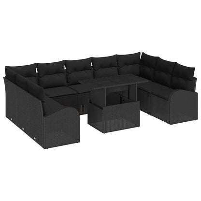 Set Divano da Giardino con cuscino 10 pcs Nero Poly Rattan | homemem39