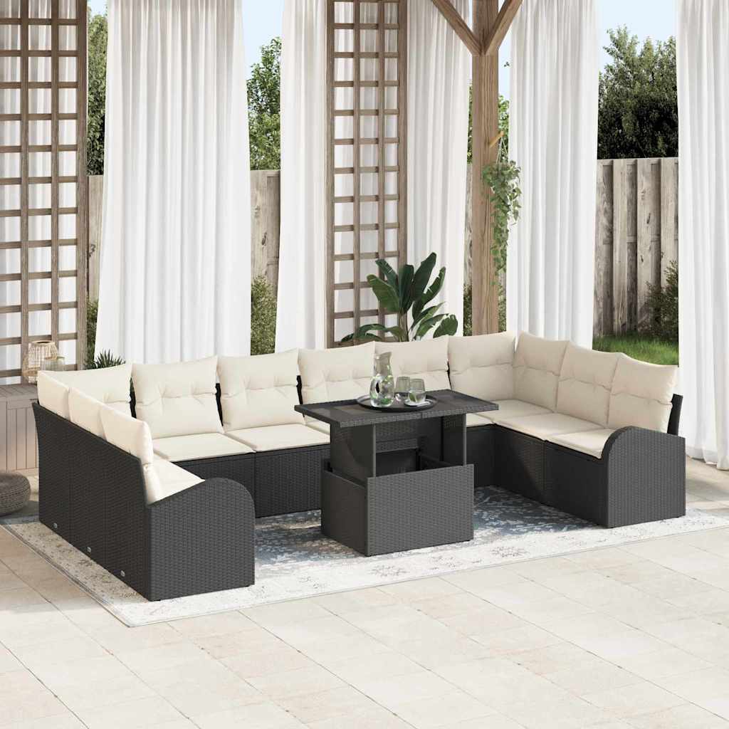 Set Divano da Giardino con cuscino 11 pcs Nero Poly Rattan | homemem39
