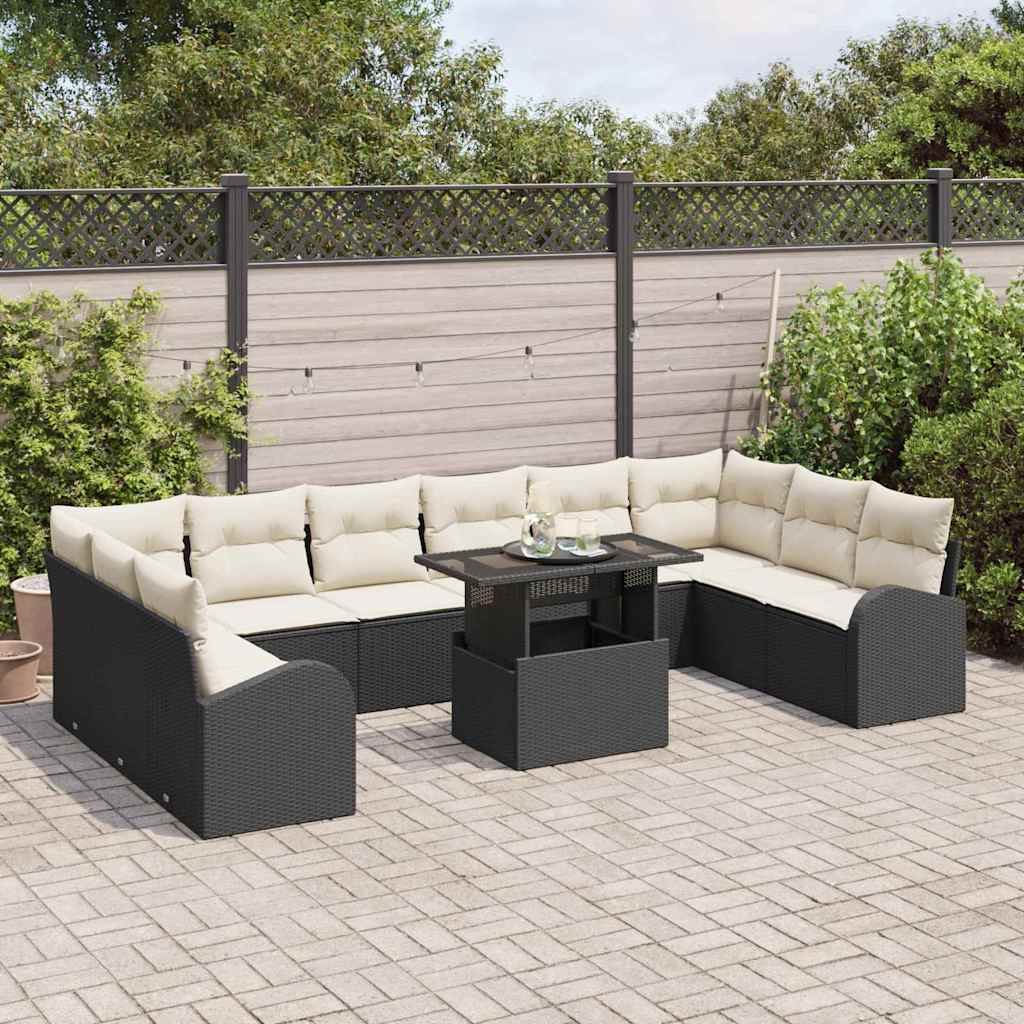 Set Divano da Giardino con cuscino 11 pcs Nero Poly Rattan | homemem39